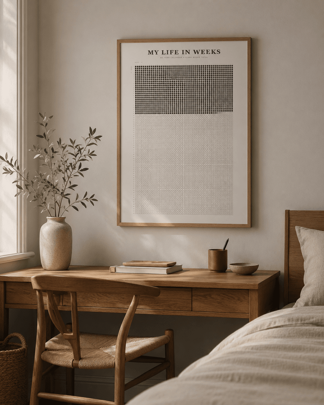 A framed Life in Weeks poster above a wooden desk