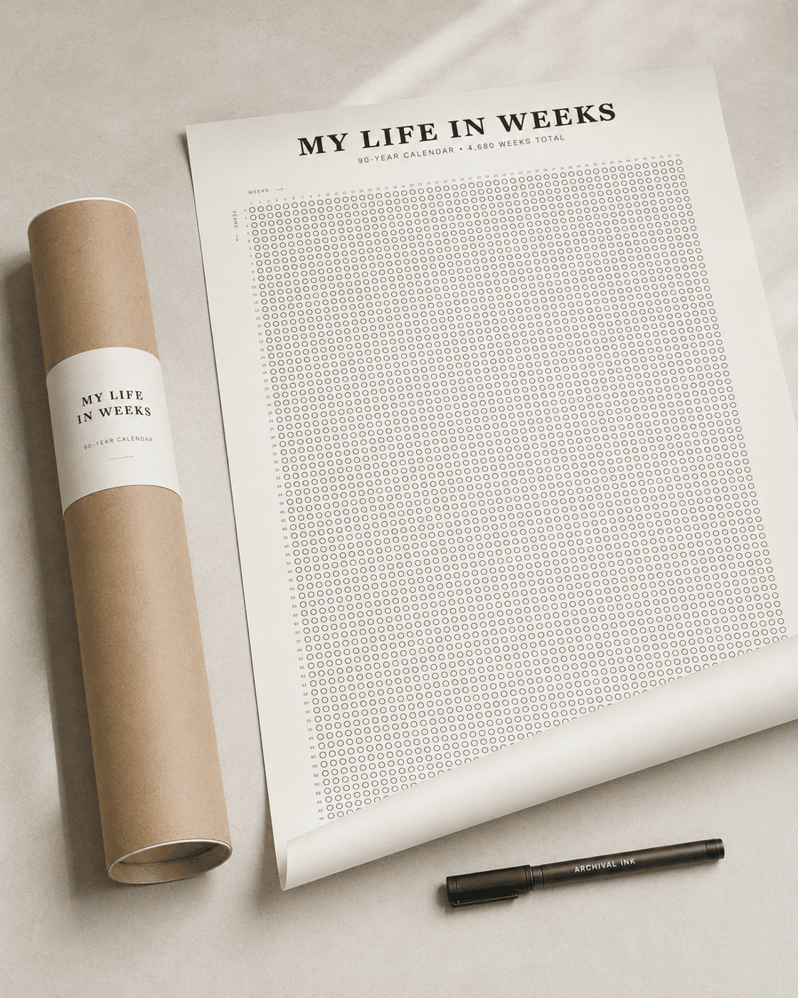 An unrolled Life in Weeks poster beside its protective shipping tube
